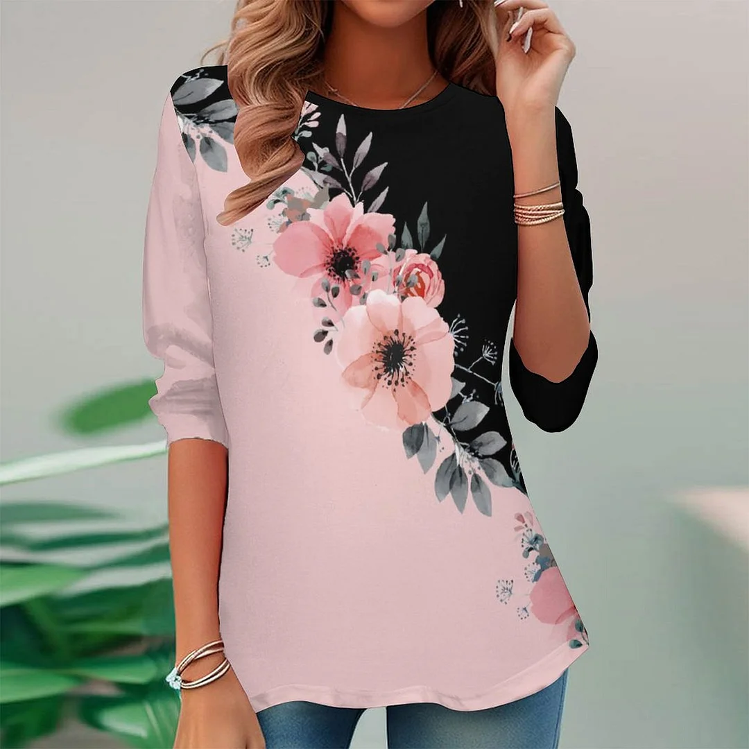 Full Printed Long Sleeve Plus Size Tunic for  Women Pattern Floral,Pink,Black