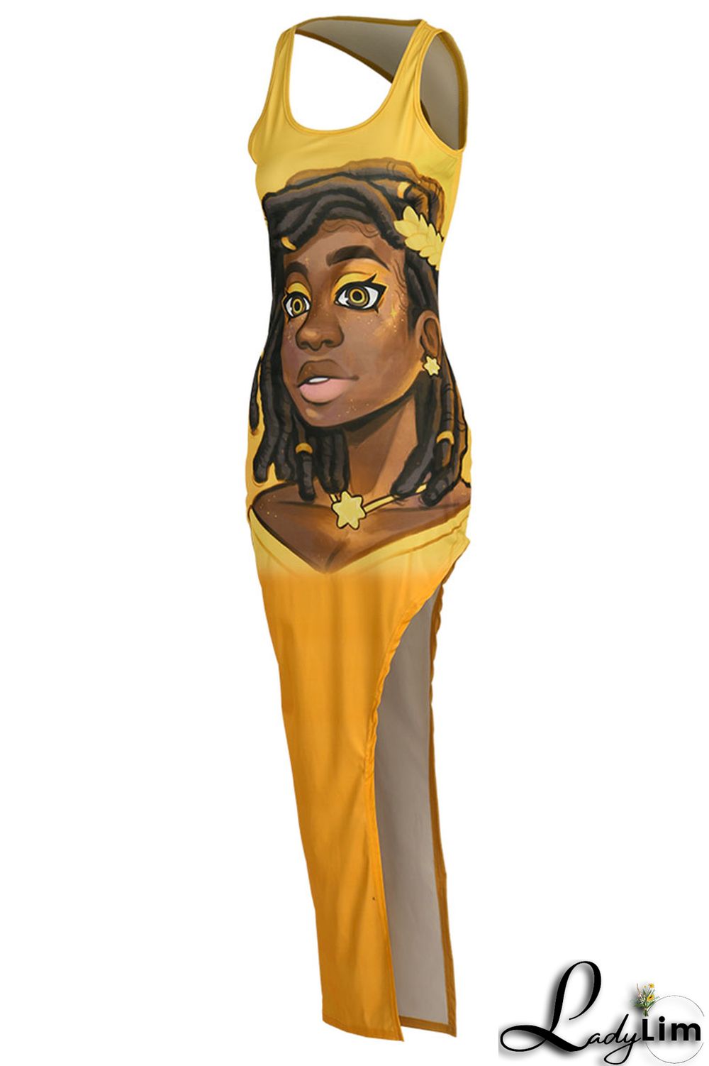 Orange Sexy Print Split Joint Slit O Neck Straight Dresses