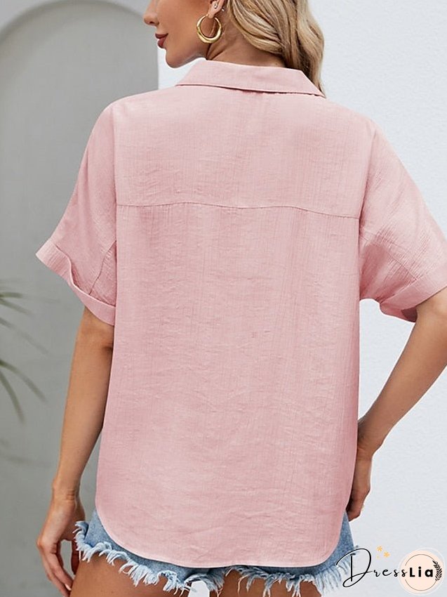 Blouse Pocket Loose Solid / Plain Color Basic Shirt Collar Roll Sleeves Summer Black White Pink Sky Blue for Women