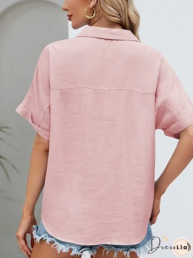 Blouse Pocket Loose Solid / Plain Color Basic Shirt Collar Roll Sleeves Summer Black White Pink Sky Blue for Women