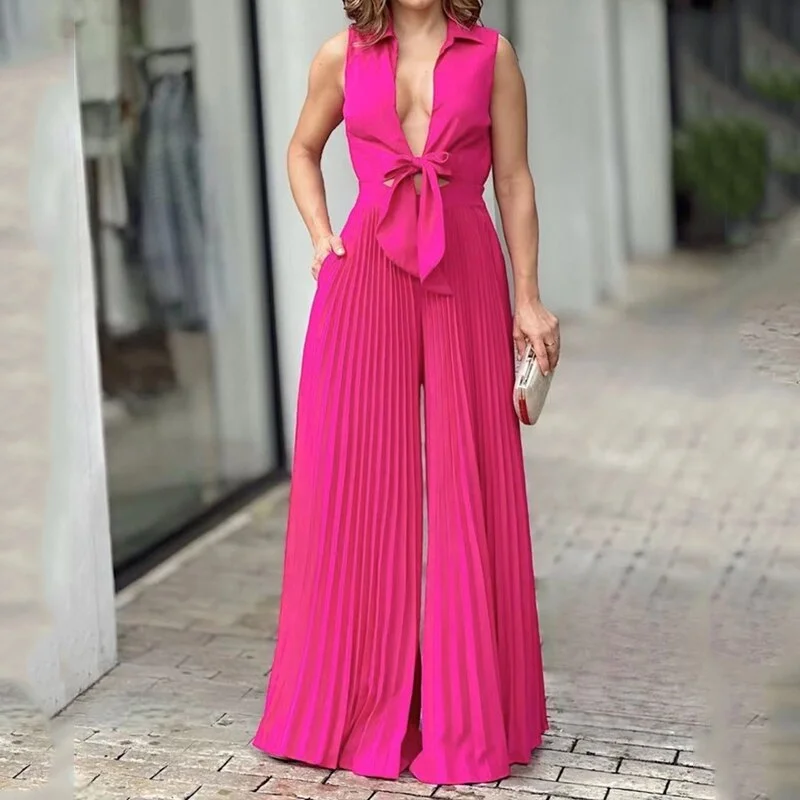 Women Jumpsuit Summer Fashion V Neck Sleeveless Lapel Solid Pleated Lace Up Loose Wide Legs Romper High Streetwear