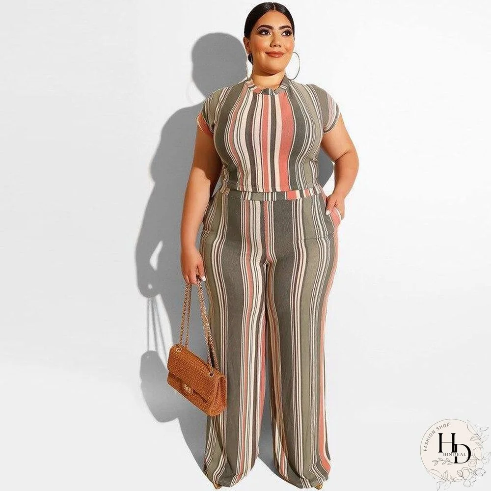 Plus Size Tracksuits Two Piece Set Women Two Piece Outfits Oversized Striped Tracksuit Women 5XL Tight Pant Suit Print