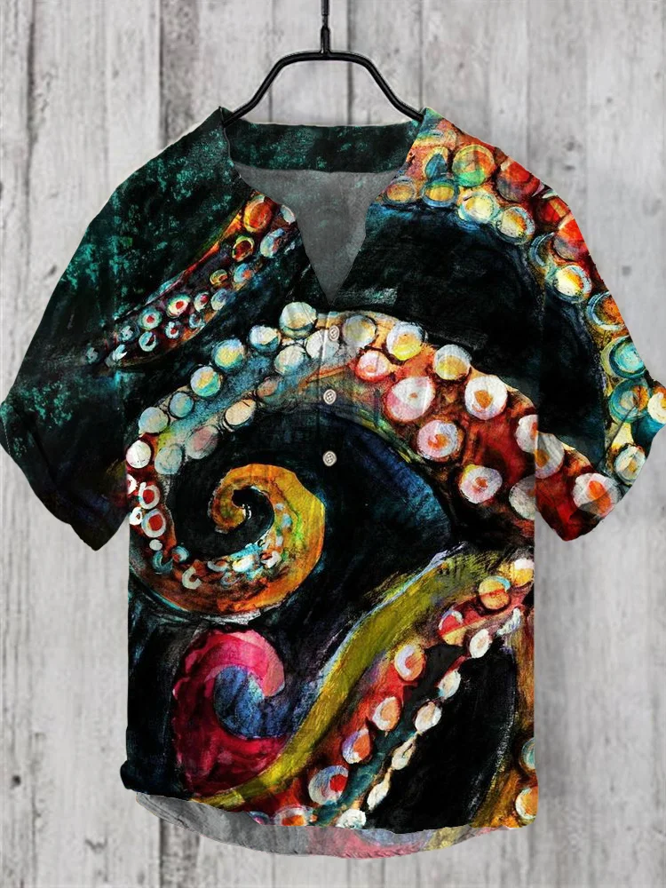 Octopus Tentacle Oil Painting Art Linen V-Neck Shirt
