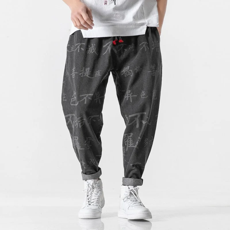 Chinese Character Printing Denim Pants Men Jogger Japanese Streetwear Joggers Men Pants Hip Hop Trousers Men Pants 2020 New