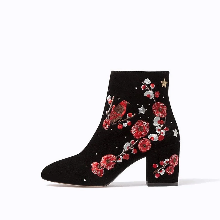 Black and Red Floral Suede Ankle Booties with Block Heels Vdcoo