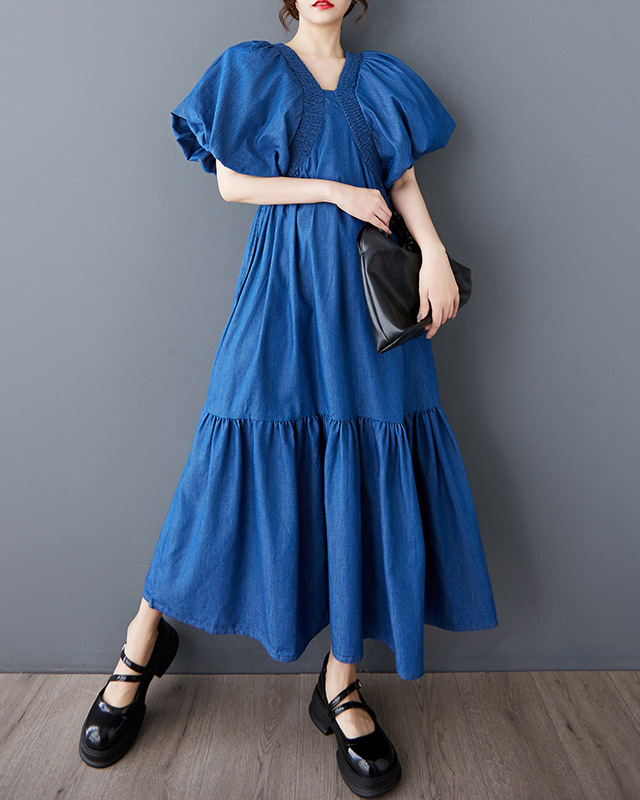 Puff Sleeve V Neck Vintage Denim Maxi Dress