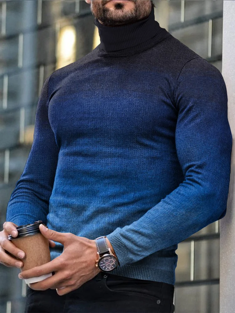 Men's Casual Blue Gradient Business Turtleneck Long Sleeve