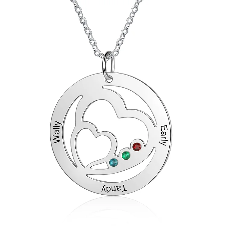 Heart Necklace Personalized 3 Names and Birthstones Mom Necklace for Family