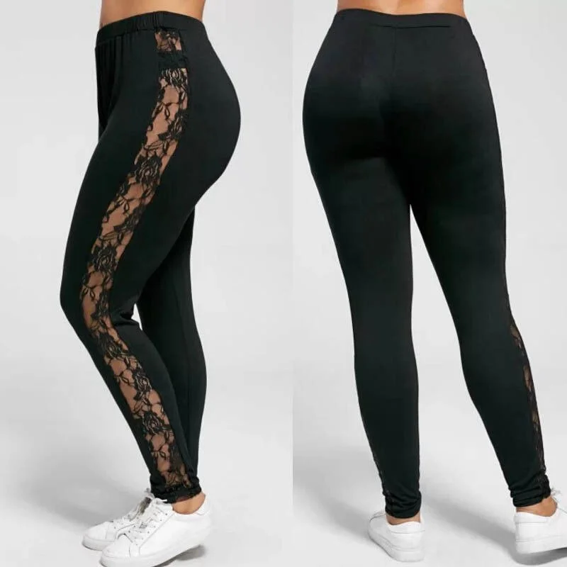 Plus Size Sexy Women Holllow Out Lace Leggings Sexy High Waist Bandage Pants Insert Sheer Leggings Viscose Elastane