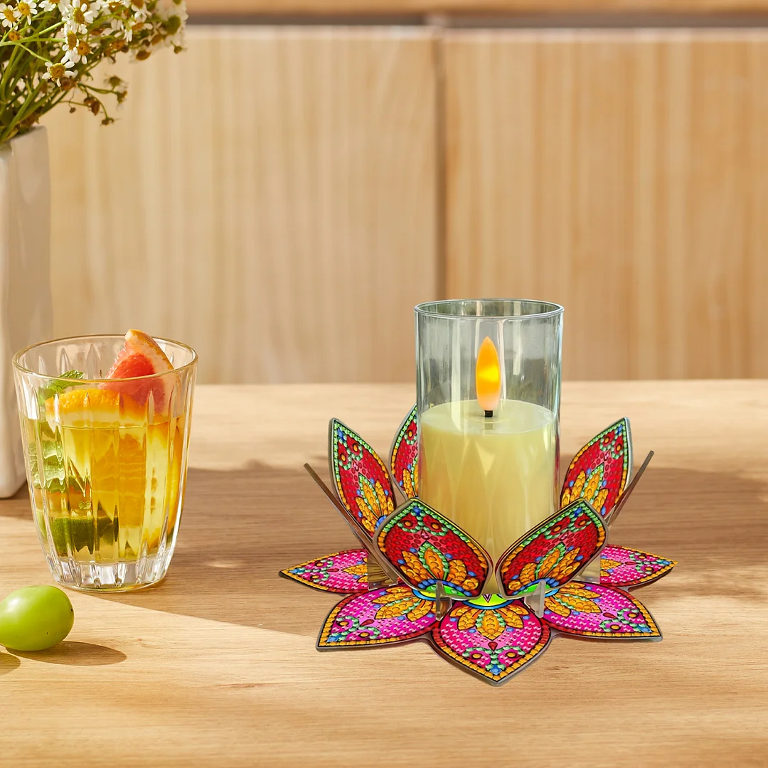 Mandala Lotus-F Acrylic DIY Diamond Painting Candle Holders Without Candles Crystal Painting Tealight Candle Stand Table Centerpiece for Adults Beginners Home Party Decor