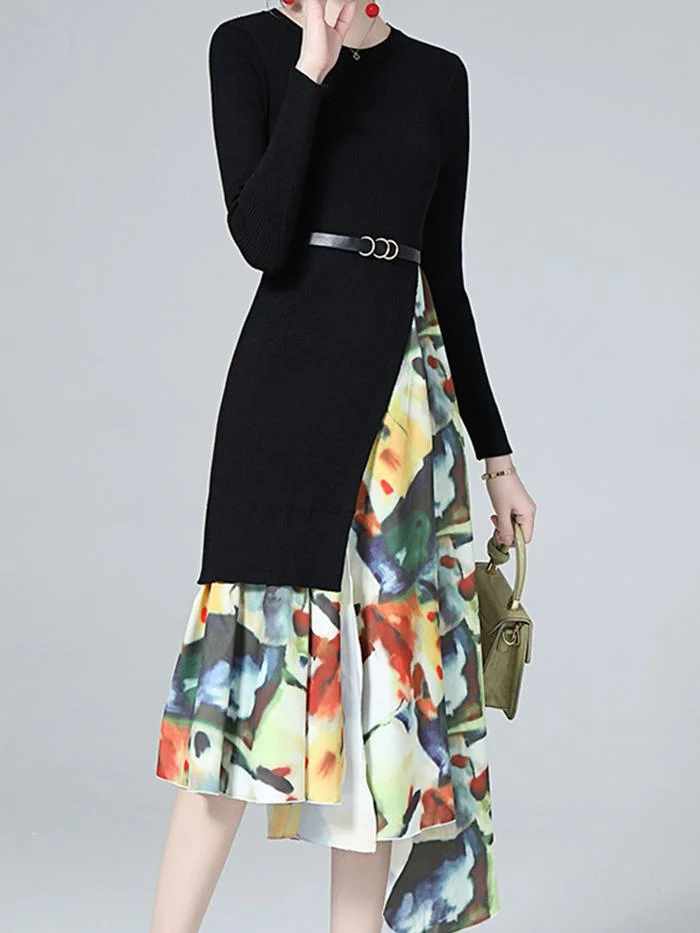Elegant Black Stitching Irregular Knitted Dress
