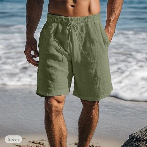 Men's Striped Drawstring Elastic Waist Cotton and Linen Beach Casual Shorts