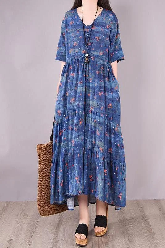 2021 Pleated Lace-up Casual Print Floral Maxi Dress