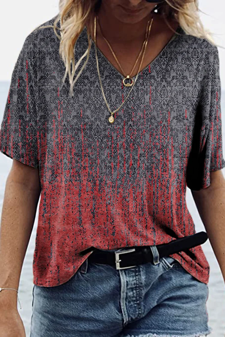 Vintage Print V-Neck Short Sleeve T-Shirt