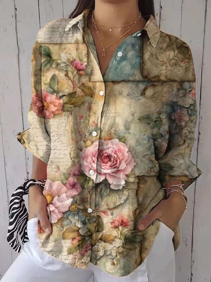 Women's casual retro floral print shirt 