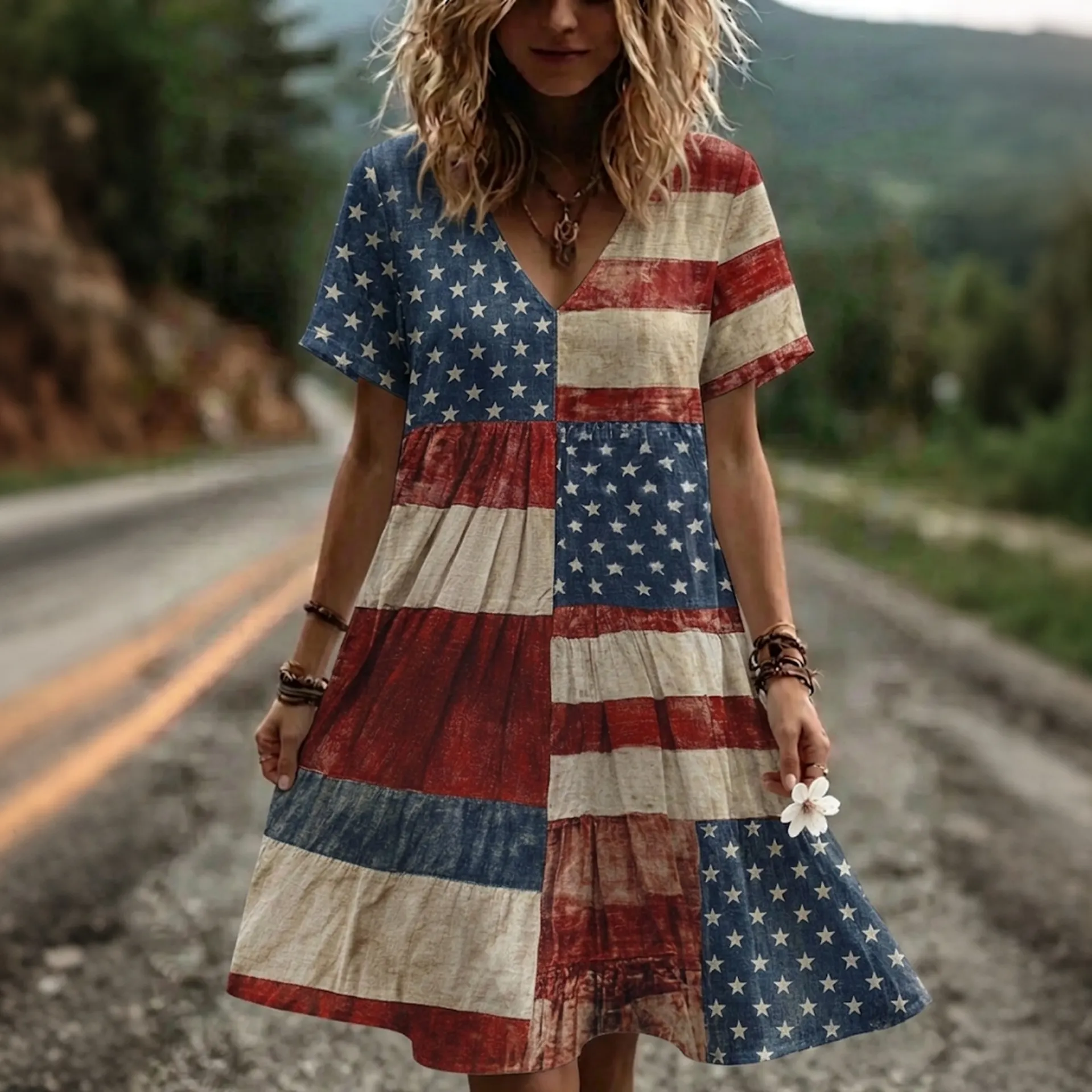  Women's Vintage Flags Print Short-sleeve Casual Linen Dress Westsshops