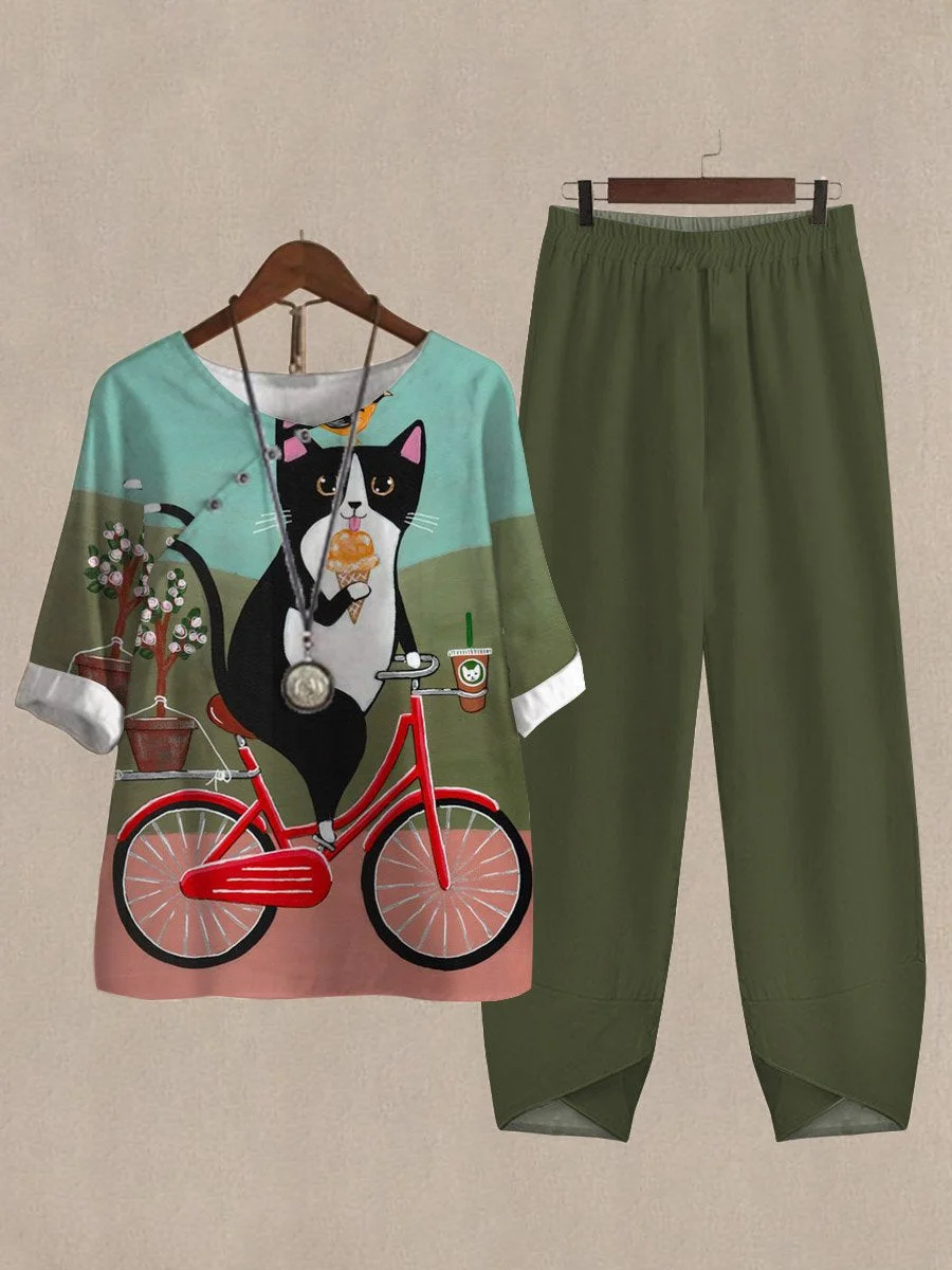 Biker Cat Print Loose Casual Two-Piece Suits
