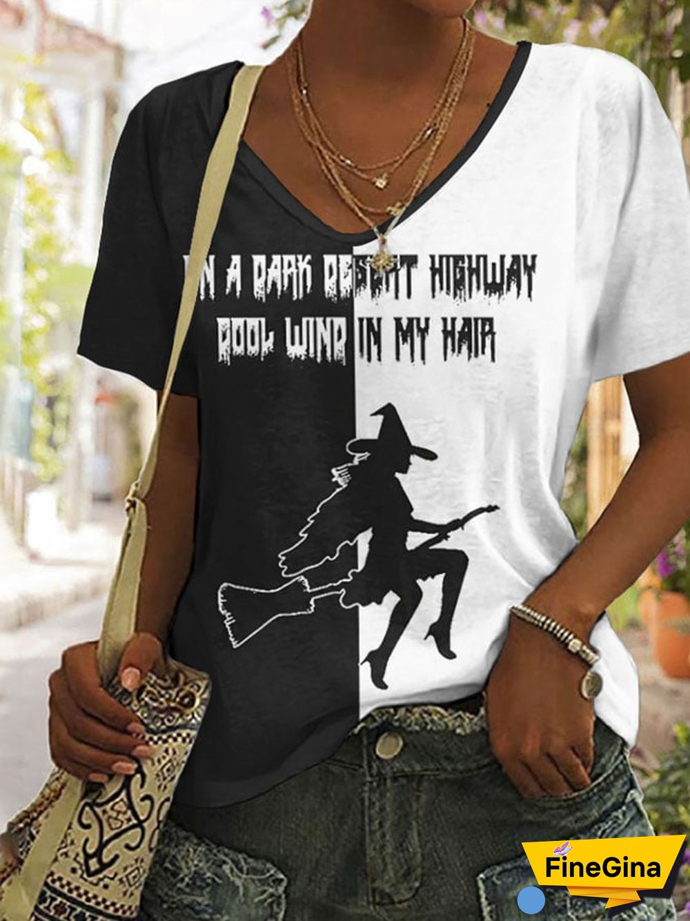 Women's Casual On A Dark Desert Highway Cool Wind In My Hair Witch Printed Short Sleeve T-Shirt