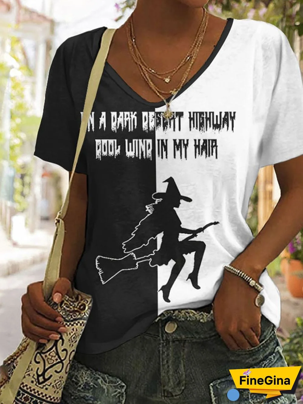 Women's Casual On A Dark Desert Highway Cool Wind In My Hair Witch Printed Short Sleeve T-Shirt