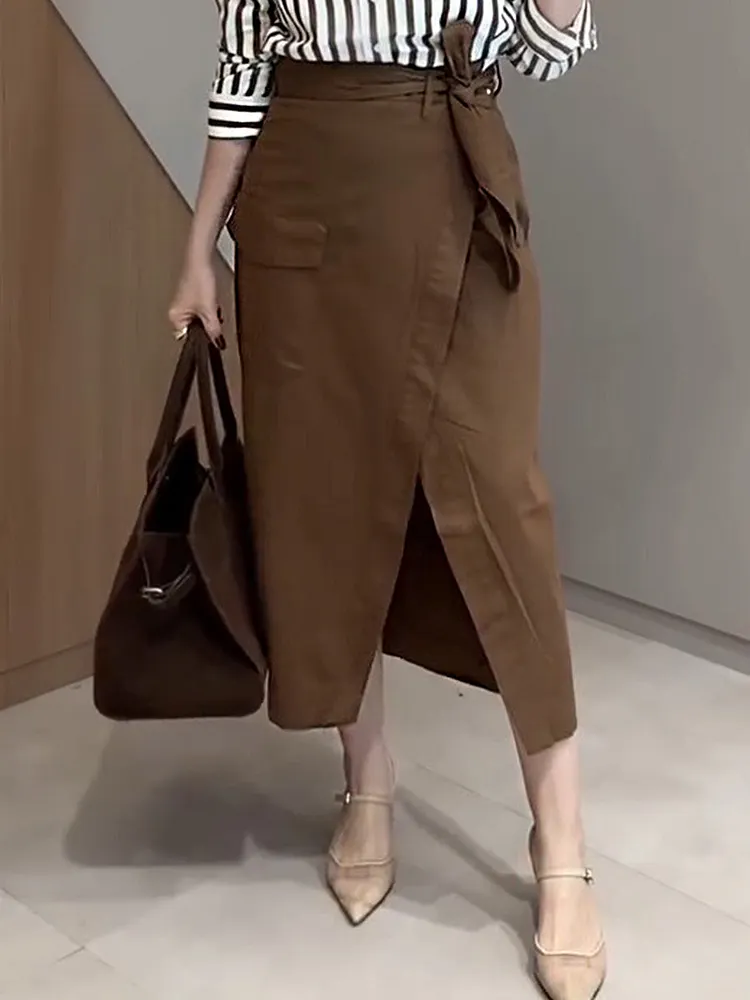 Women's Solid Color High Waist Casual Tie Pocket Cotton Skirt