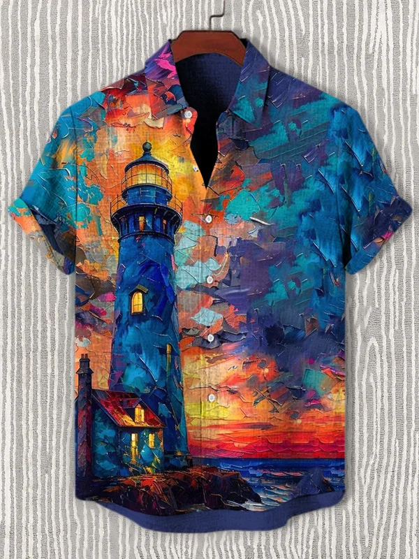 Men's Lighthouse Oil Painting Art Print Casual Shirt