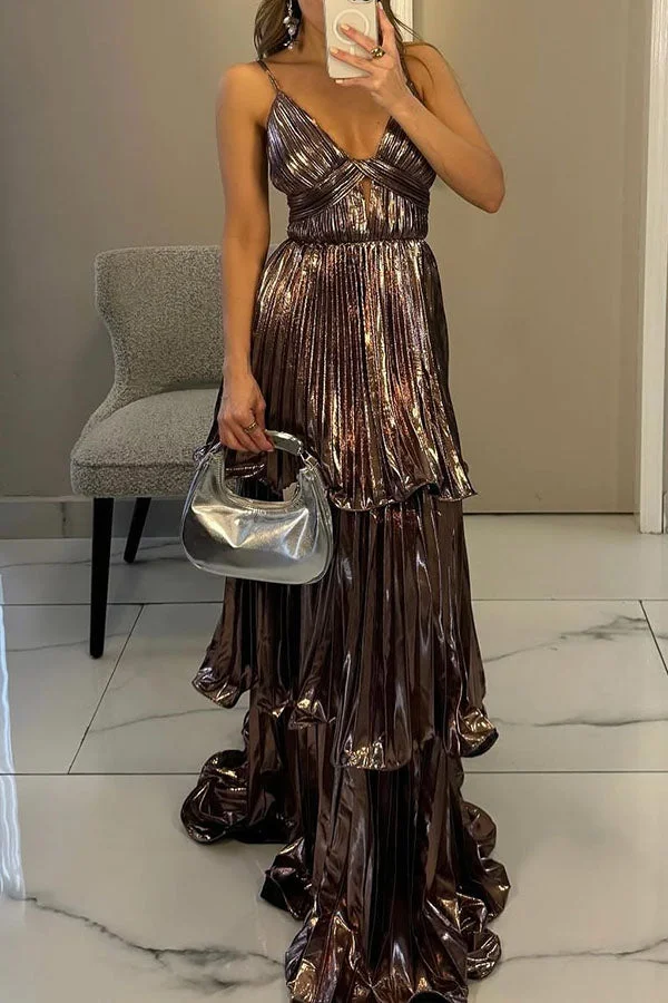 Seize The Gorgeous Pleated Metallic Fabric Cutout Tiered Maxi Dress