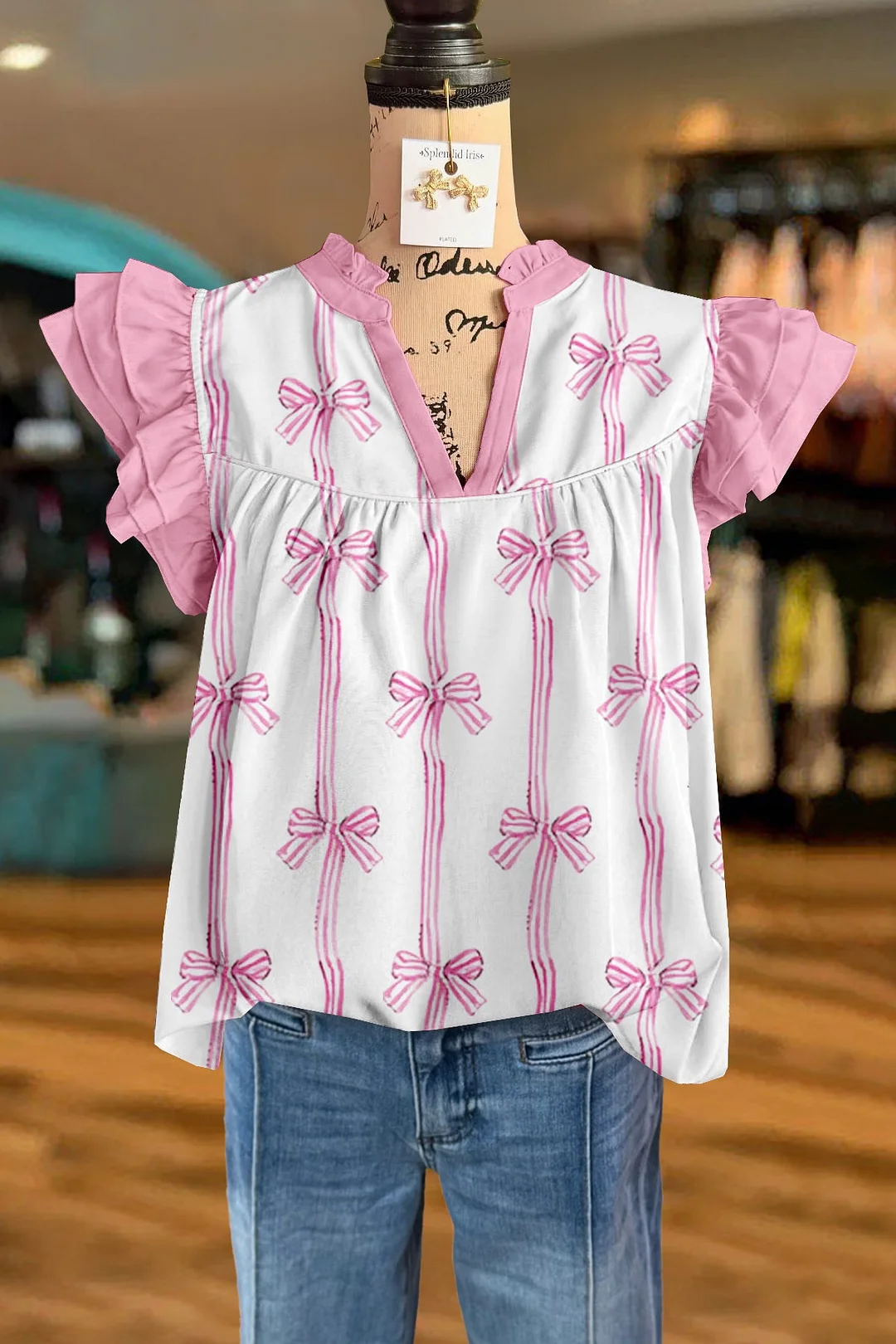 Sweet Bow Print V-Neck Flying Sleeves Blouse