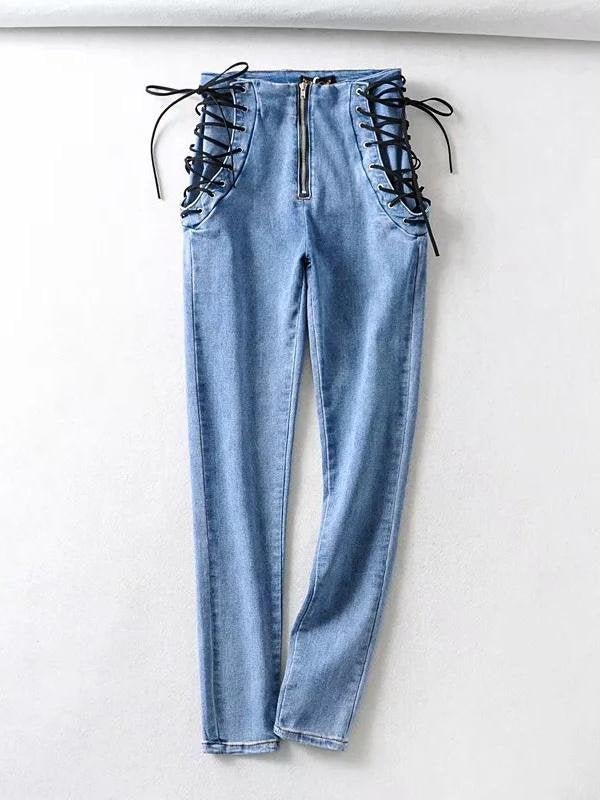 Double Tie Rope High Waist Jeans Stretch Skinny
