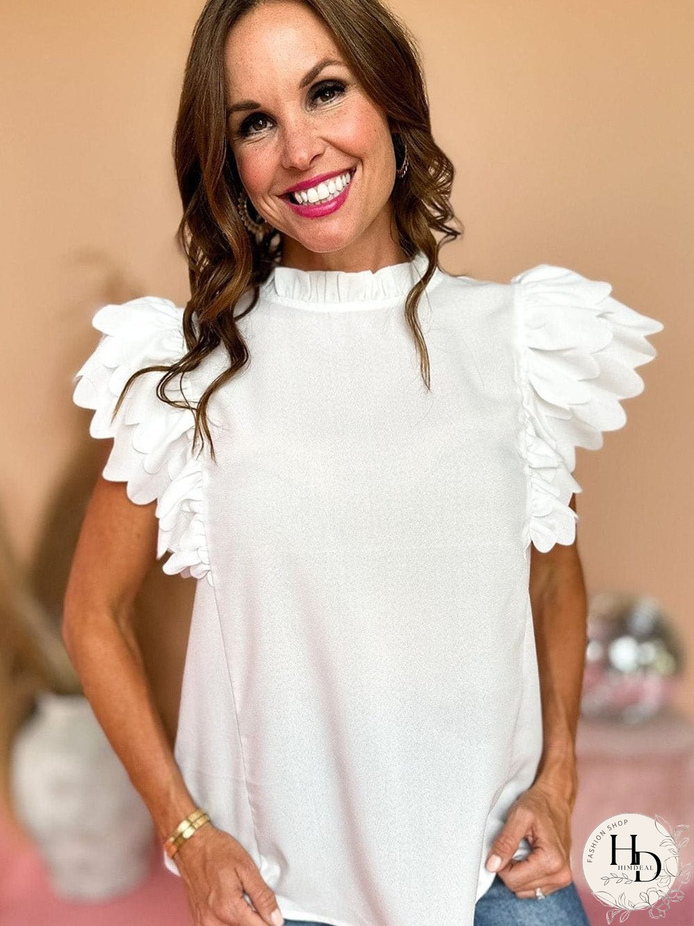 White Mock Neck Blouse with Ruffles