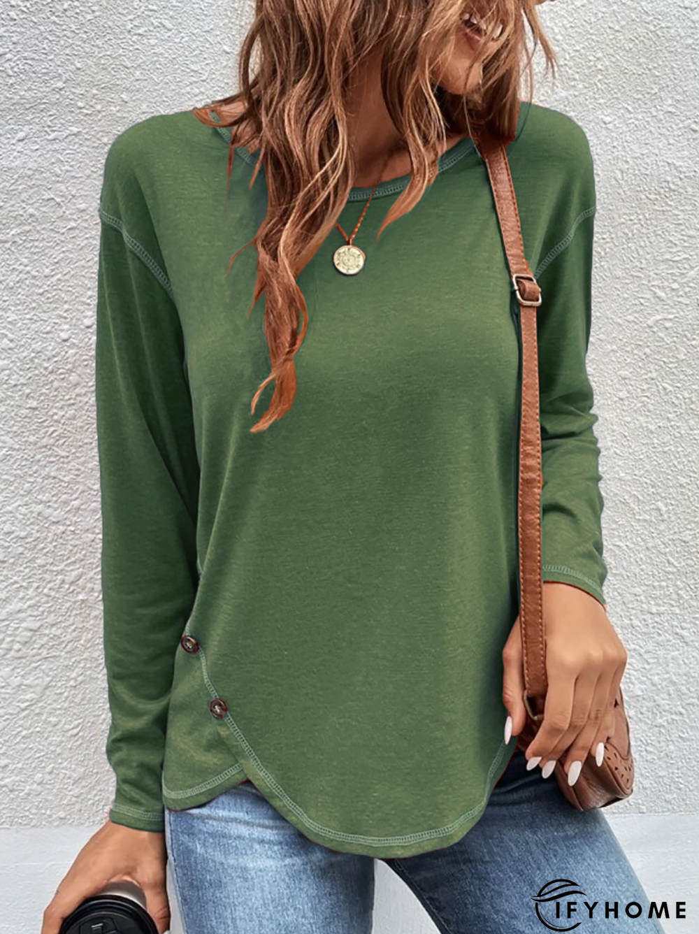 Casual Plain Autumn Cross Neck Micro-Elasticity Jersey Standard Regular H-Line Tunic T-Shirt for Women | IFYHOME