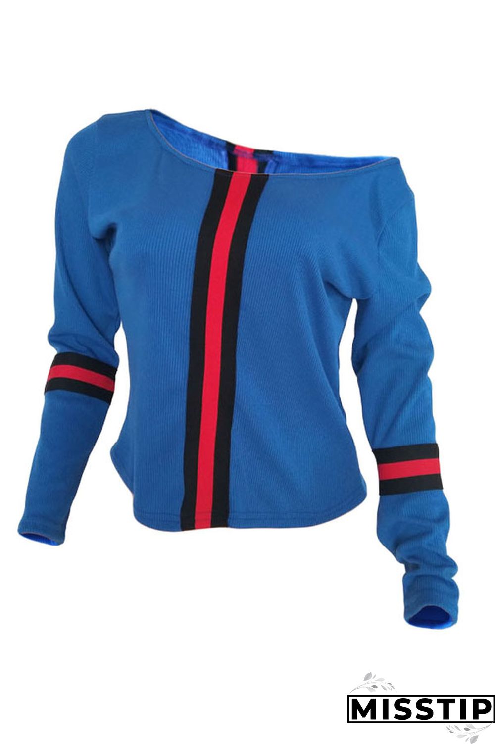 Blue One word collar Long Sleeve Patchwork Ribbon Solid
