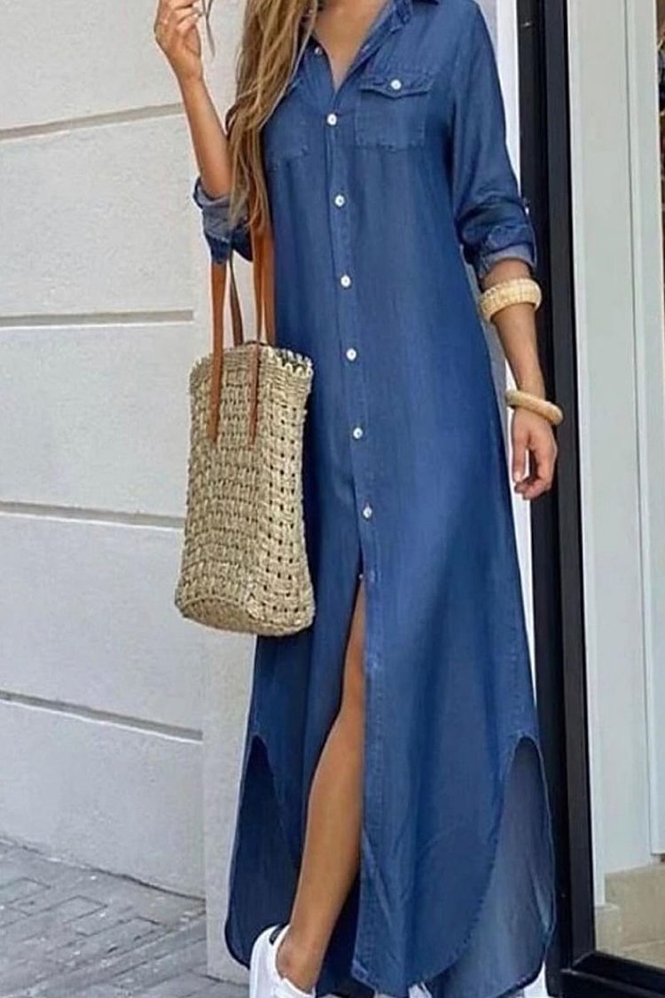 Xpluswear Plus Size Blue Casual Lapel And Flat Button Long Sleeve Denim Shirt Dress Maxi Dresses 