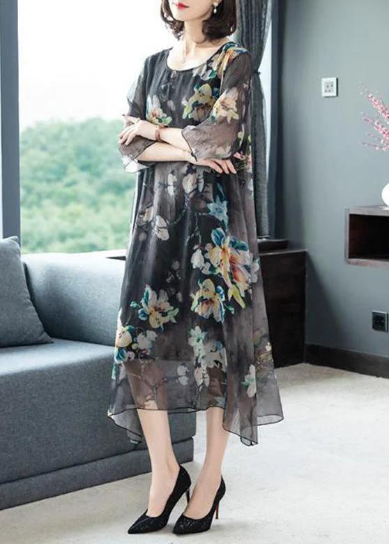 Casual Grey O-Neck Print Silk Maxi Dresses Half Sleeve