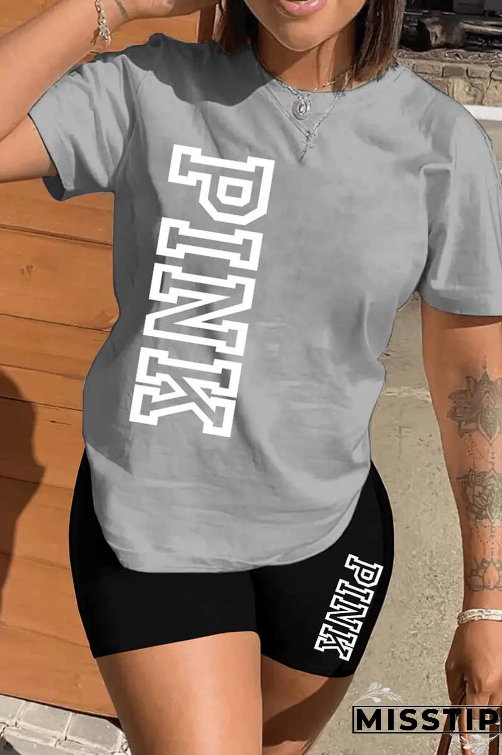 Red Casual Print Letter O Neck Short Sleeve Two Pieces