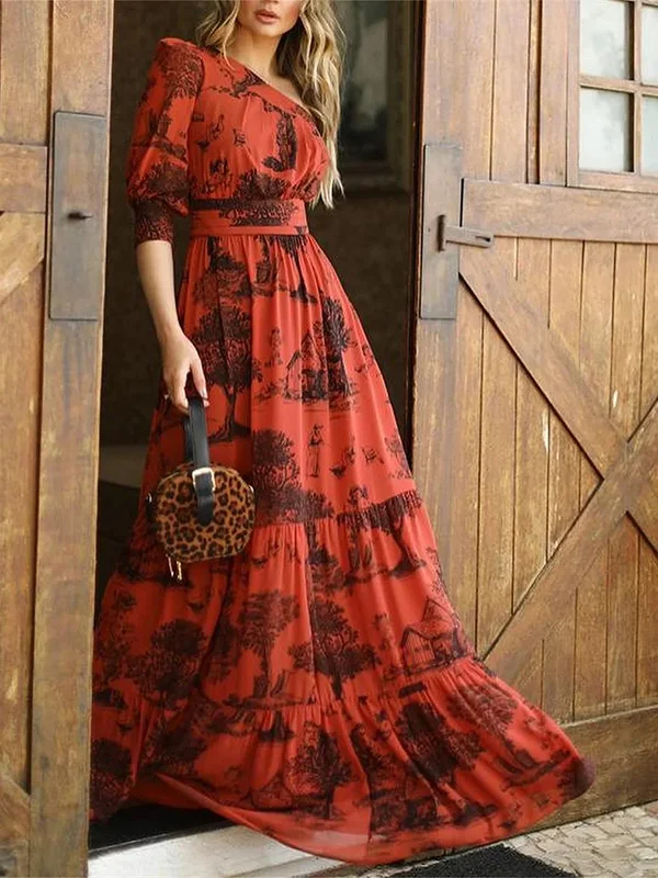 WOMEN'S RED ONE SHOULDER SLEEVE PRINTED DRESS