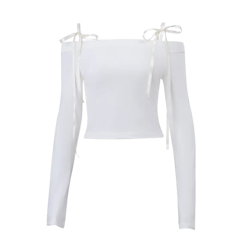 Brownm Brownm 2023 New Women's One-Line Shoulder Strap Sexy Crop Slim All-Match Long Sleeve Top