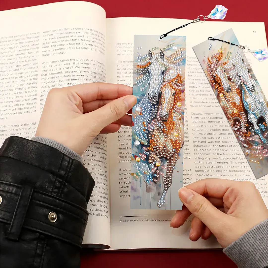 4Pcs Galloping Horse DIY Diamond Bookmark Art Projects Irregular Shaped Diamonds Diamond Painting Art Bookmarks with Crystal Pendants for DIY Making Beginners Adult Art Craft Supplies