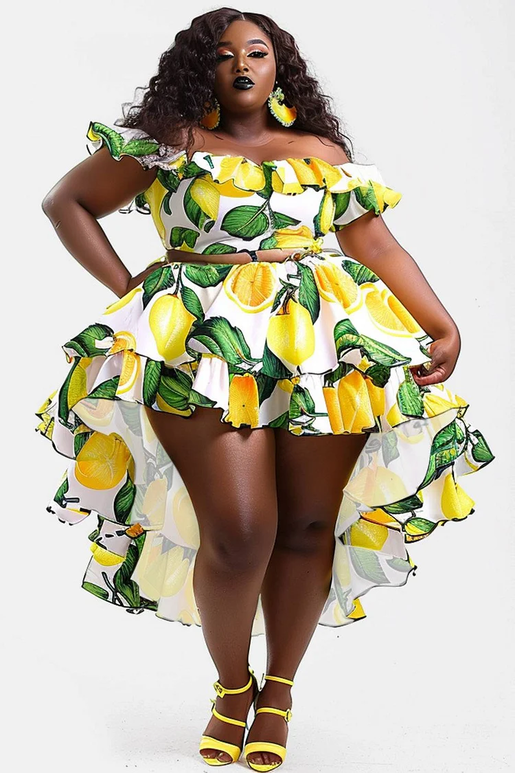 Xpluswear Design Plus Size Beach Yellow All Over Print Off The Shoulder Asymmetric Hem Two Piece Skirt Sets [Pre-Order]