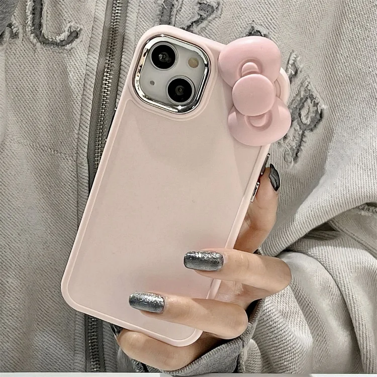 Korean Cute 3D Pink Bowknot Soft Silicone Phone Case For iPhone 15 14 13 12 11 Pro Max X XR Soild Color Shockproof Cover Funda