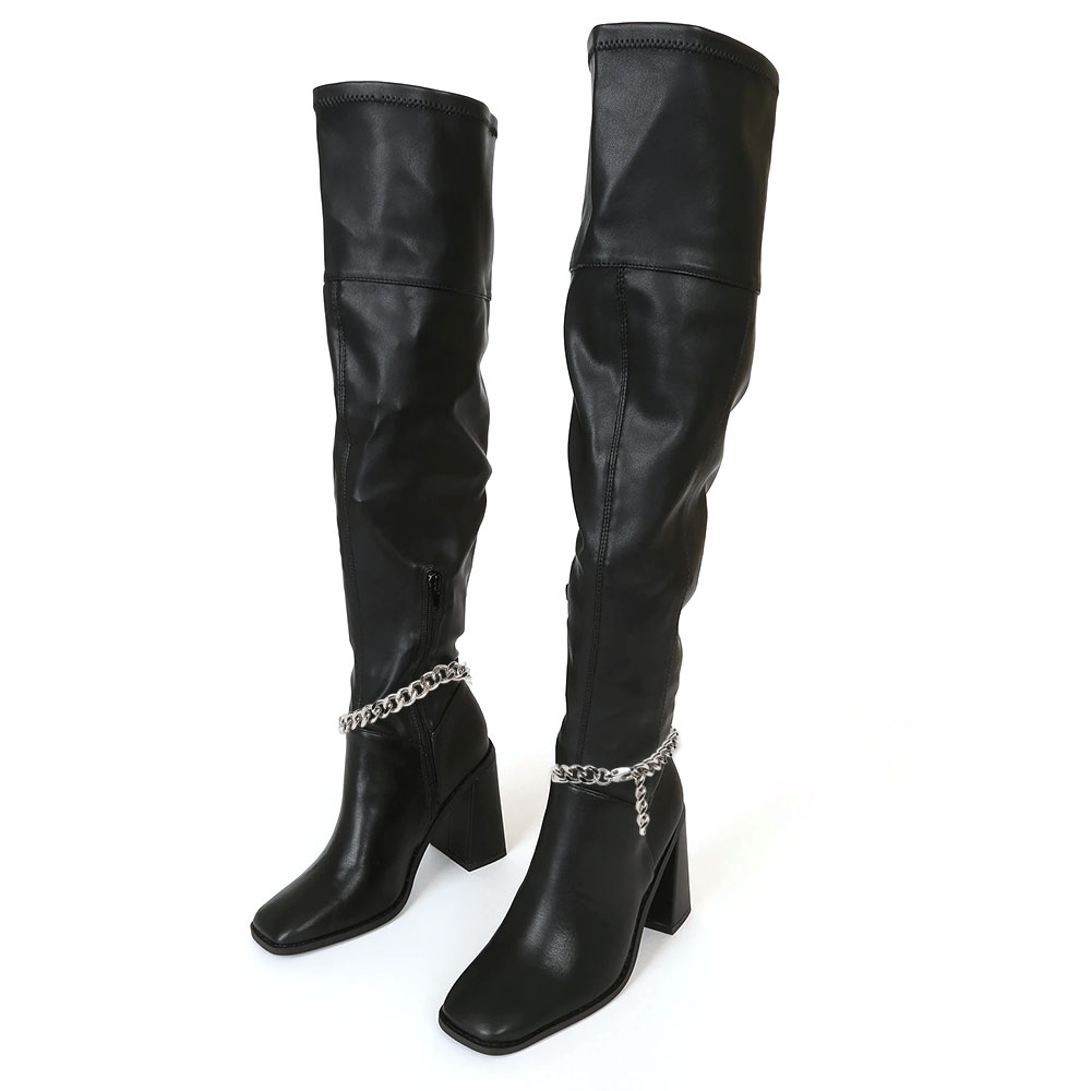 Women's Black Square Toe Chain Decor Over The Knee Heeled Boots Nicepairs