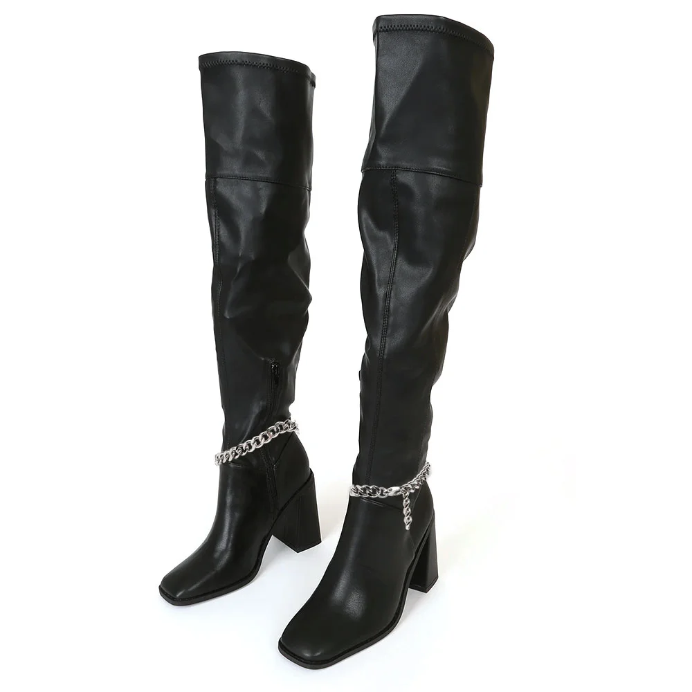 Black  Over The Knee Boots Silver Chain Chunky Heel High Boots Nicepairs