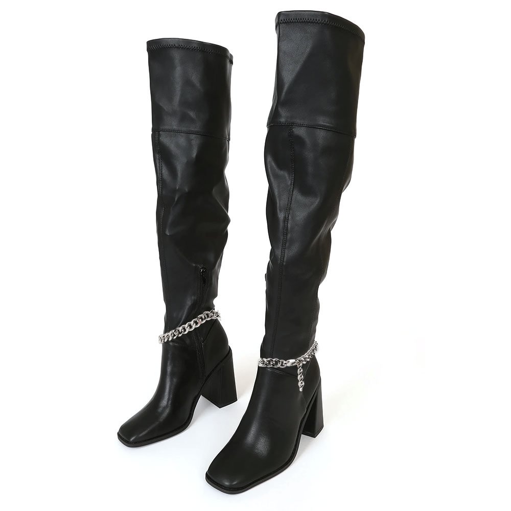 Black Leather Over The Knee Boots Silver Chain Chunky Heel High Boots