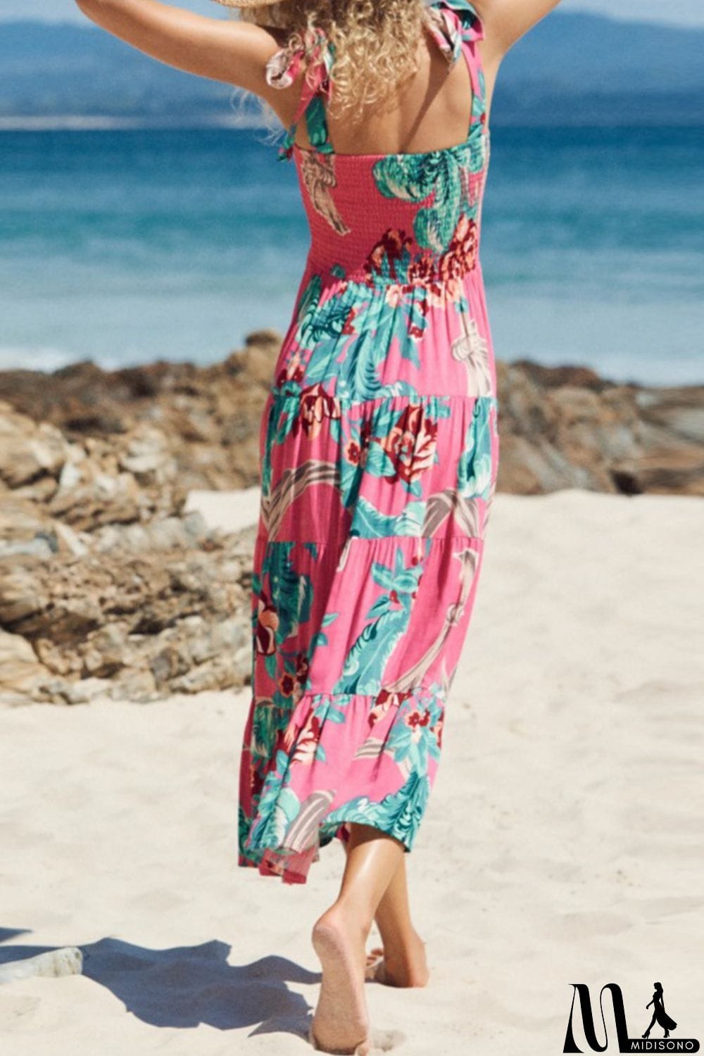 MidiSono - Floral Smocked Tie-Shoulder Tiered Dress