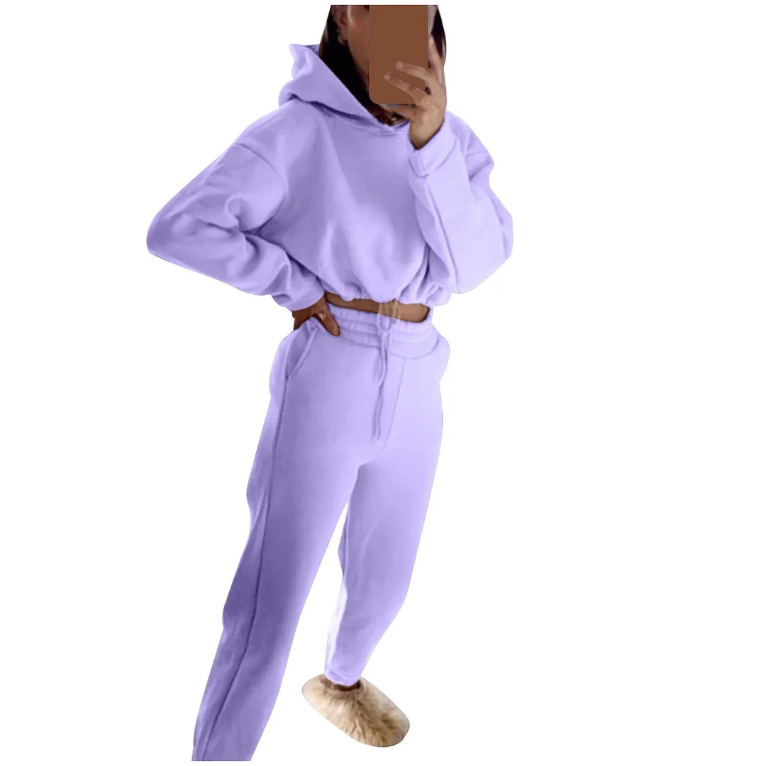 Women's Sets Casual Solid Color Long Sleeved Hoodie Trousers Sweatershirt Sports Suit Crop Tops And Pant Ladues Sport Set 2021