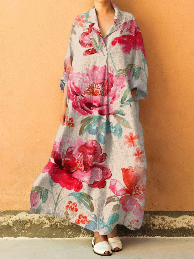 Women's Vintage Floral Art Print V-Neck Pocket Cotton Dress