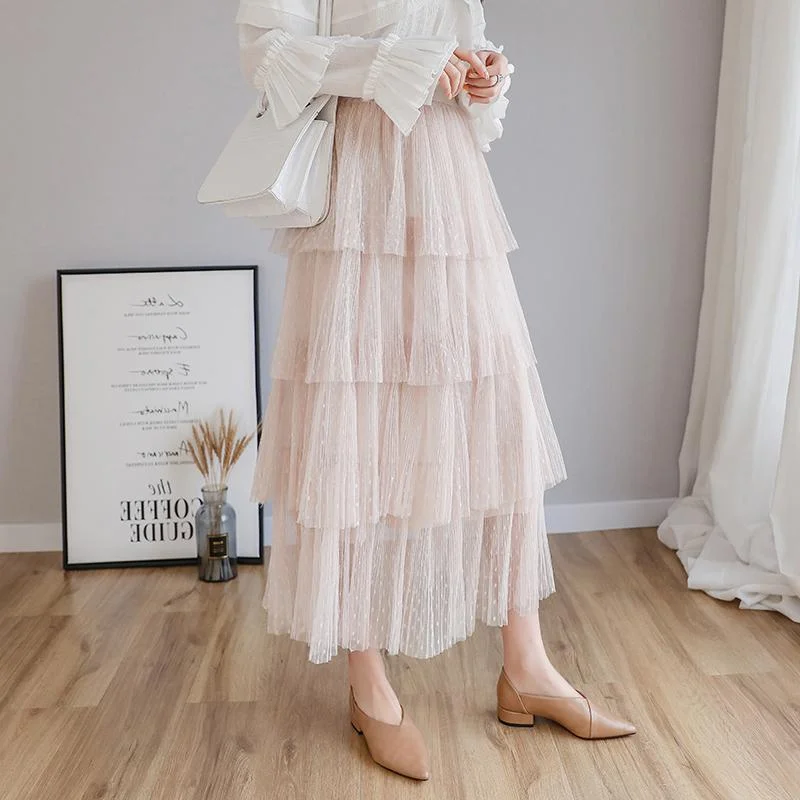 FTLZZ 2021 Women Sweet Ruffle Tulle Skirt High Waist Elegant Vintage Pleated ins Skirts Candy Cakee Layered Maxi Long Skirt