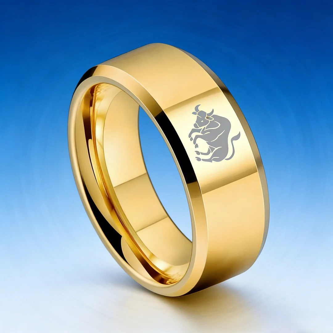 Mens Womens Gold Taurus Tungsten Carbide Rings Gold Edges and Laser Etched Wedding Bands Comfort Fit 4MM 6MM 8MM