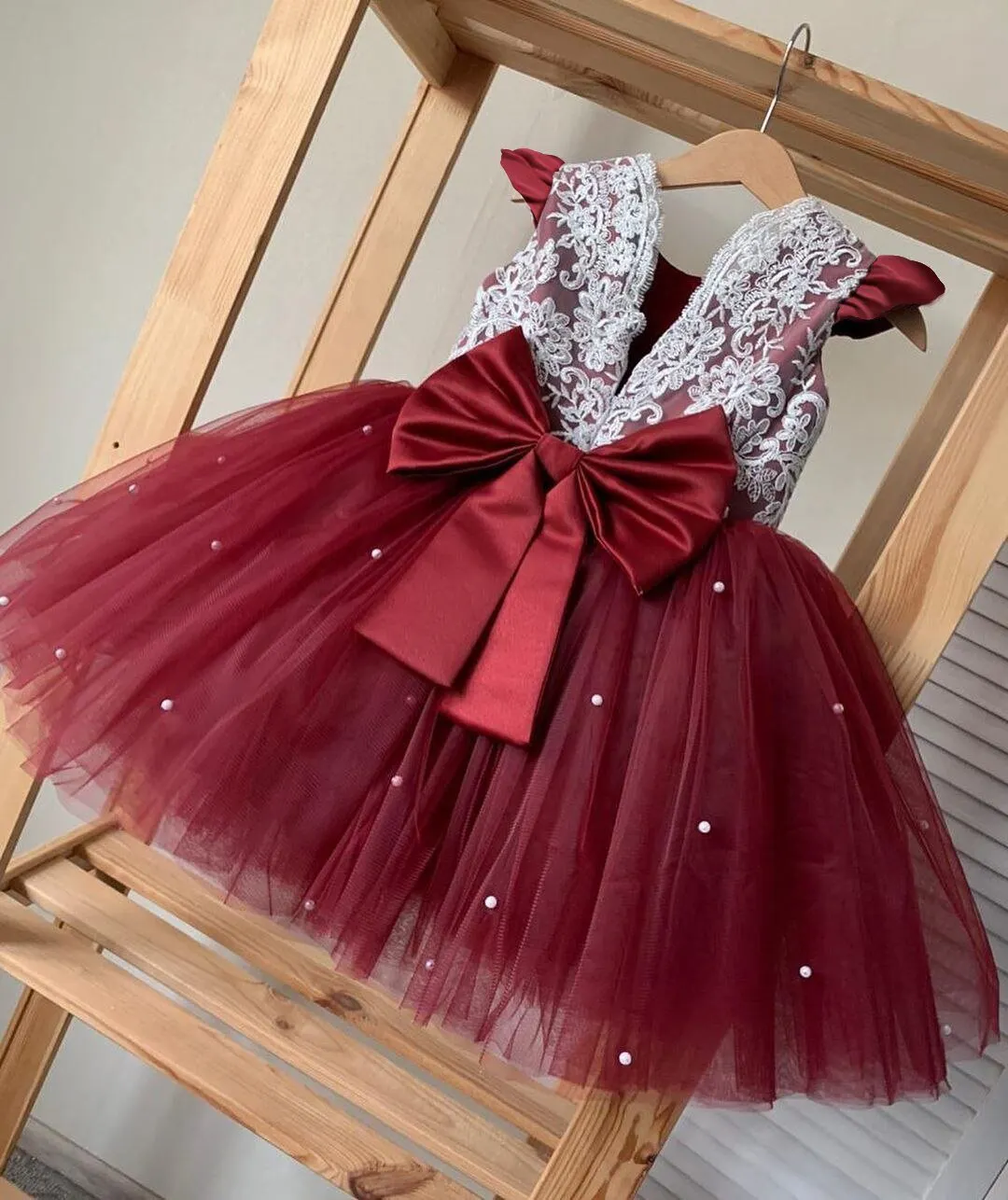 Baby Girl Bowknot Red Dress Lace Embroidery Tutu Dresses for Girls 1 2 3 4 5 Years Birthday Party Toddler Flower Wedding Gown