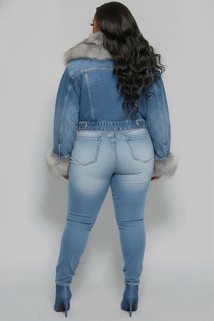 Xpluswear Design Plus Size Daily Blue Turndown Collar Long Sleeve Feather Elegant Contrast Denim Jacket [Pre-Order]