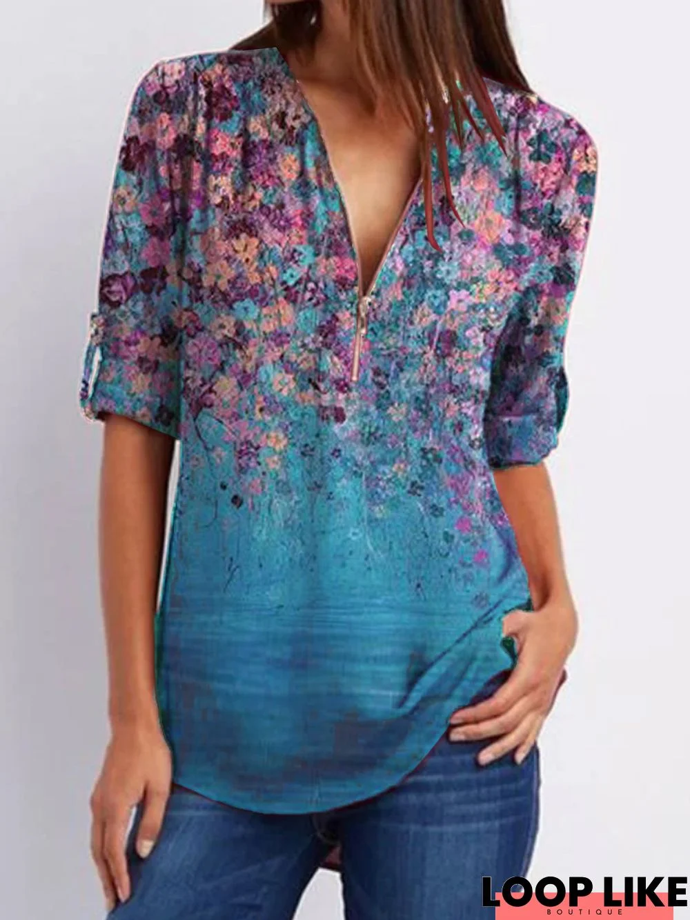 Floral   Half Sleeve  Printed  Polyester  V neck  Casual  Summer  Blue Top